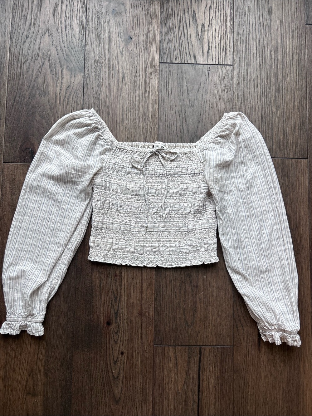 American Eagle Outfitters Striped Smocked Puff-Sleeve Crop Top